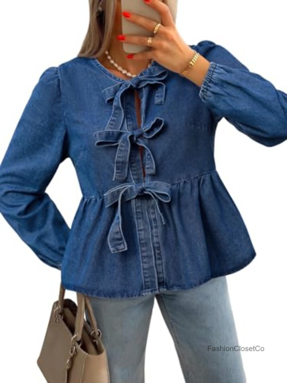 Women's Denim Babydoll Blouse with Long Puff Sleeves - Picture 1 of 6